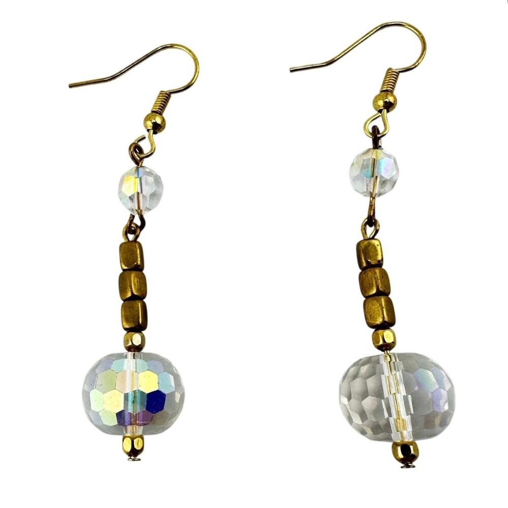 Vintage Upcycled Handmade Aurora Borealis Crystal Dangle Drop 2.25" Earrings